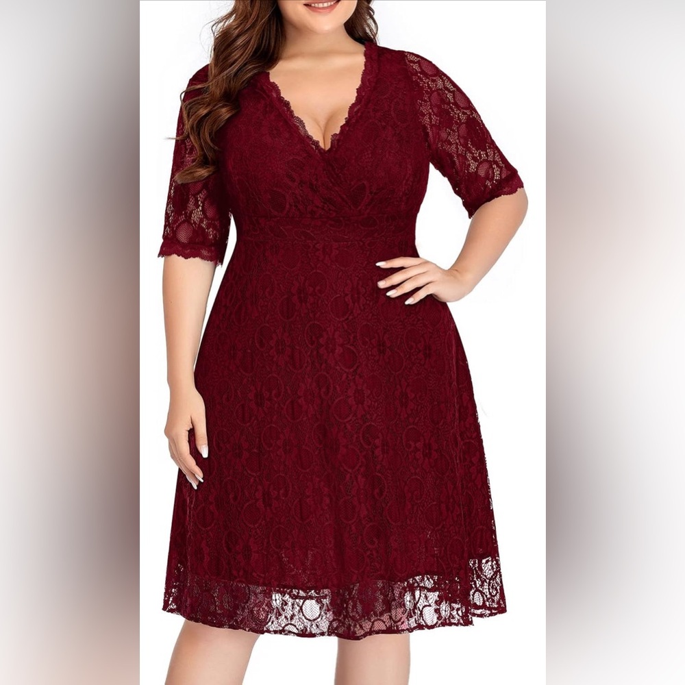 Like New Women Lace V Neck Plus Size Cocktail Dress Knee Length